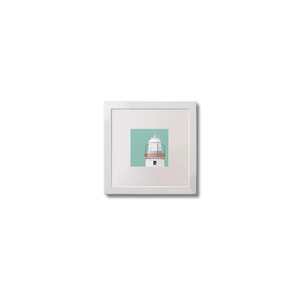 Illustration Rotten Island lighthouse on an ocean green background,  in a white square frame measuring 10x10cm.