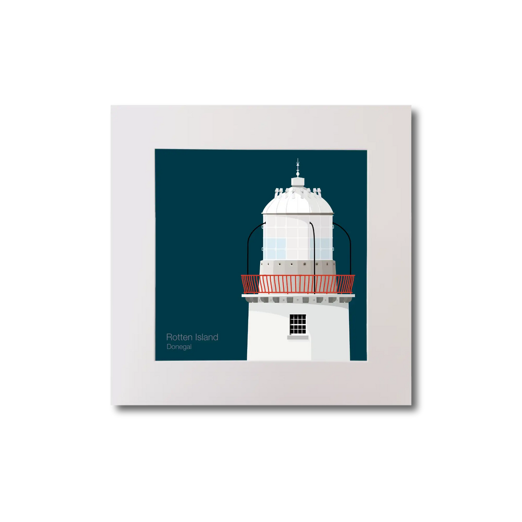 Illustration Rotten Island lighthouse on a midnight blue background, mounted and measuring 20x20cm.