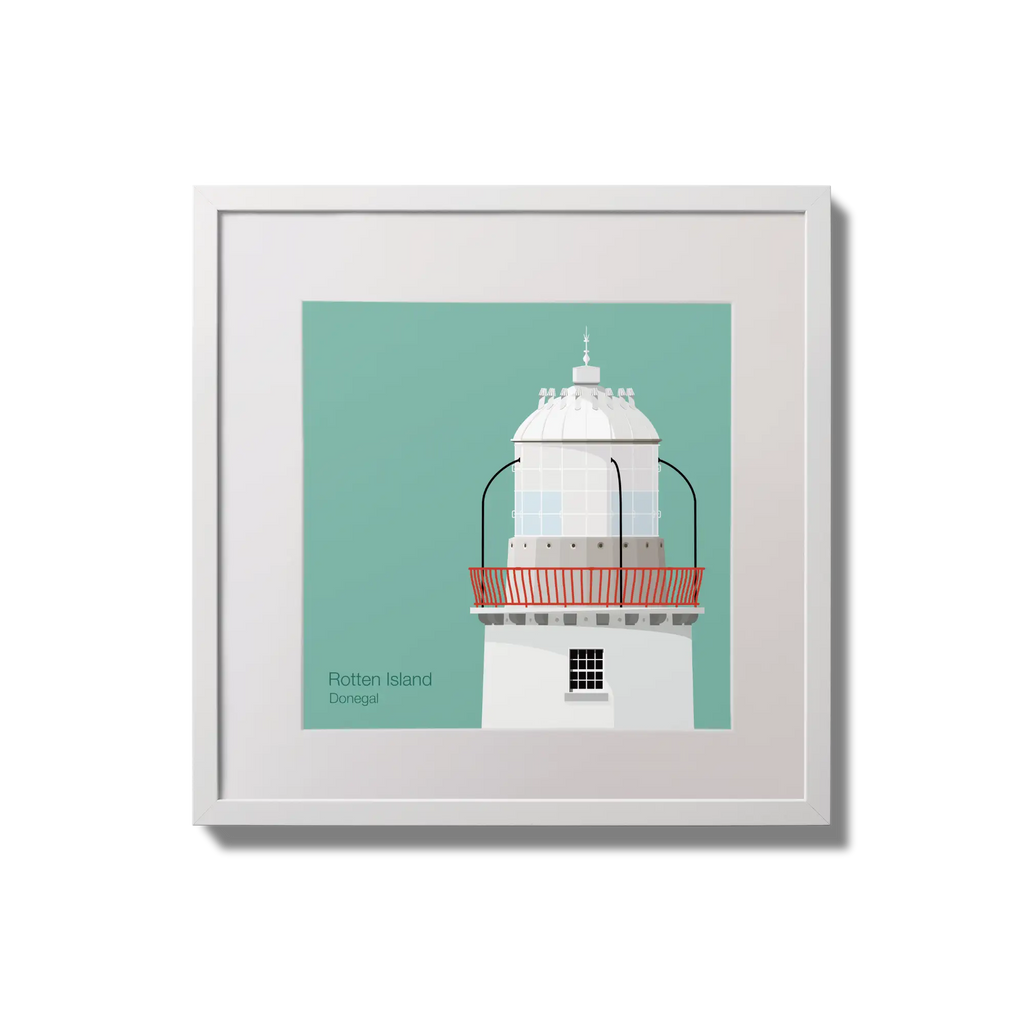 Contemporary wall hanging Rotten Island lighthouse on an ocean green background,  in a white square frame measuring 20x20cm.