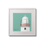Contemporary wall hanging Rotten Island lighthouse on an ocean green background,  in a white square frame measuring 20x20cm.
