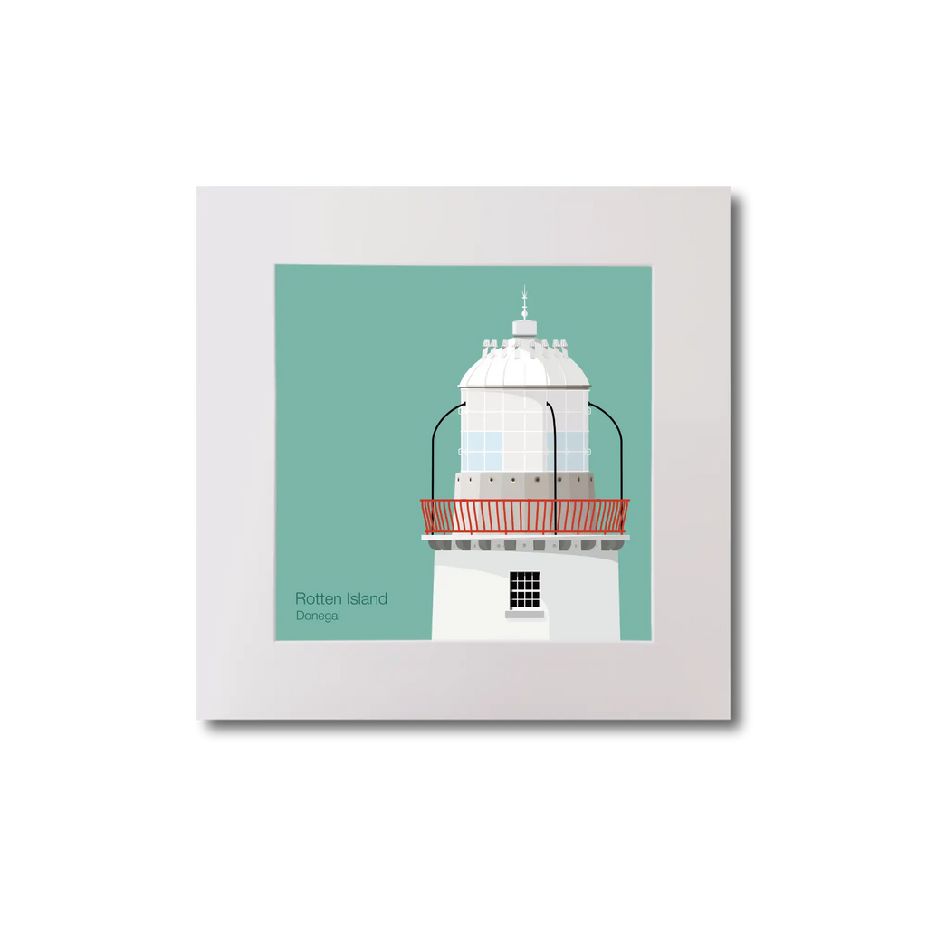 Illustration Rotten Island lighthouse on an ocean green background, mounted and measuring 20x20cm.
