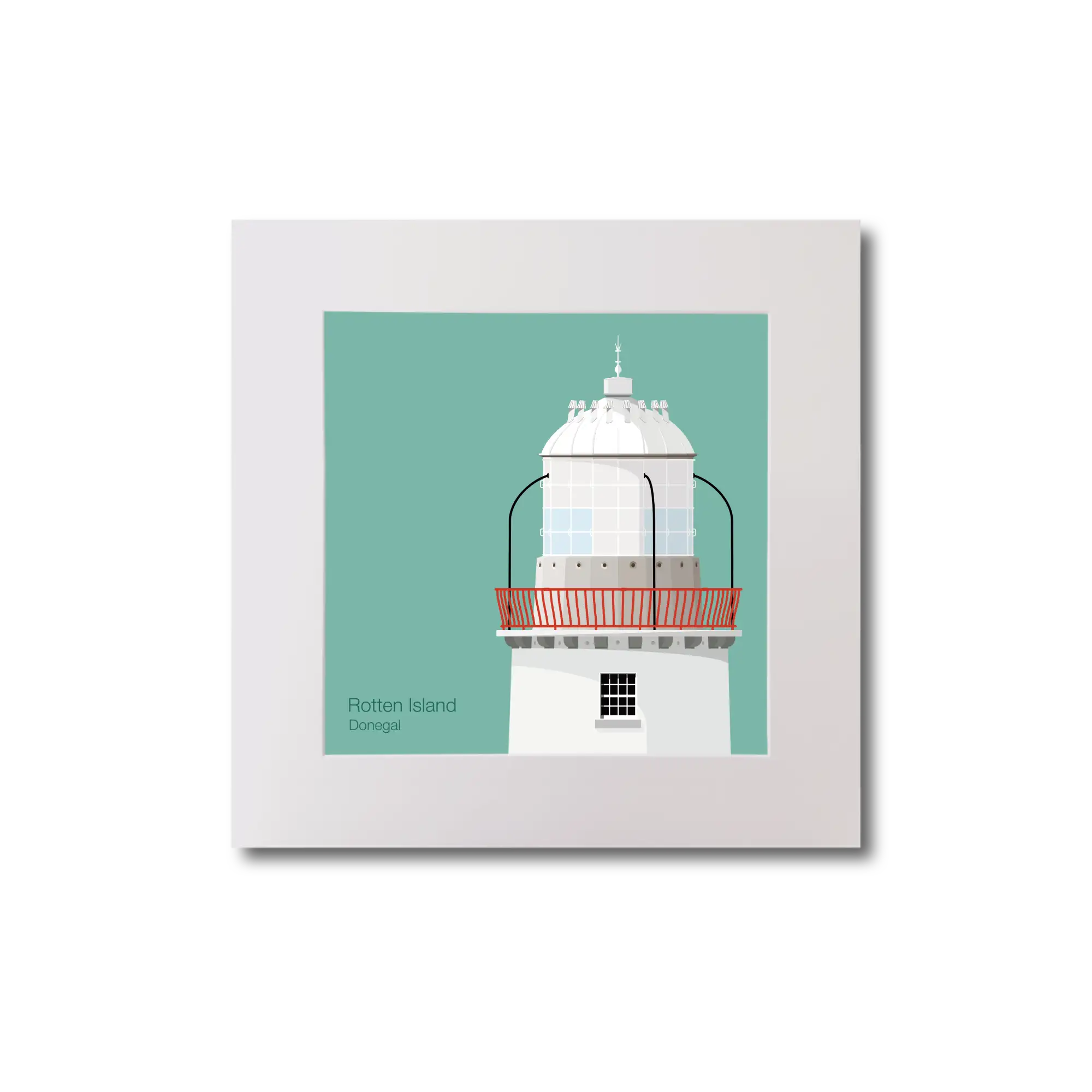Illustration Rotten Island lighthouse on an ocean green background, mounted and measuring 20x20cm.