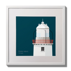 Illustration Rotten Island lighthouse on a midnight blue background,  in a white square frame measuring 30x30cm.