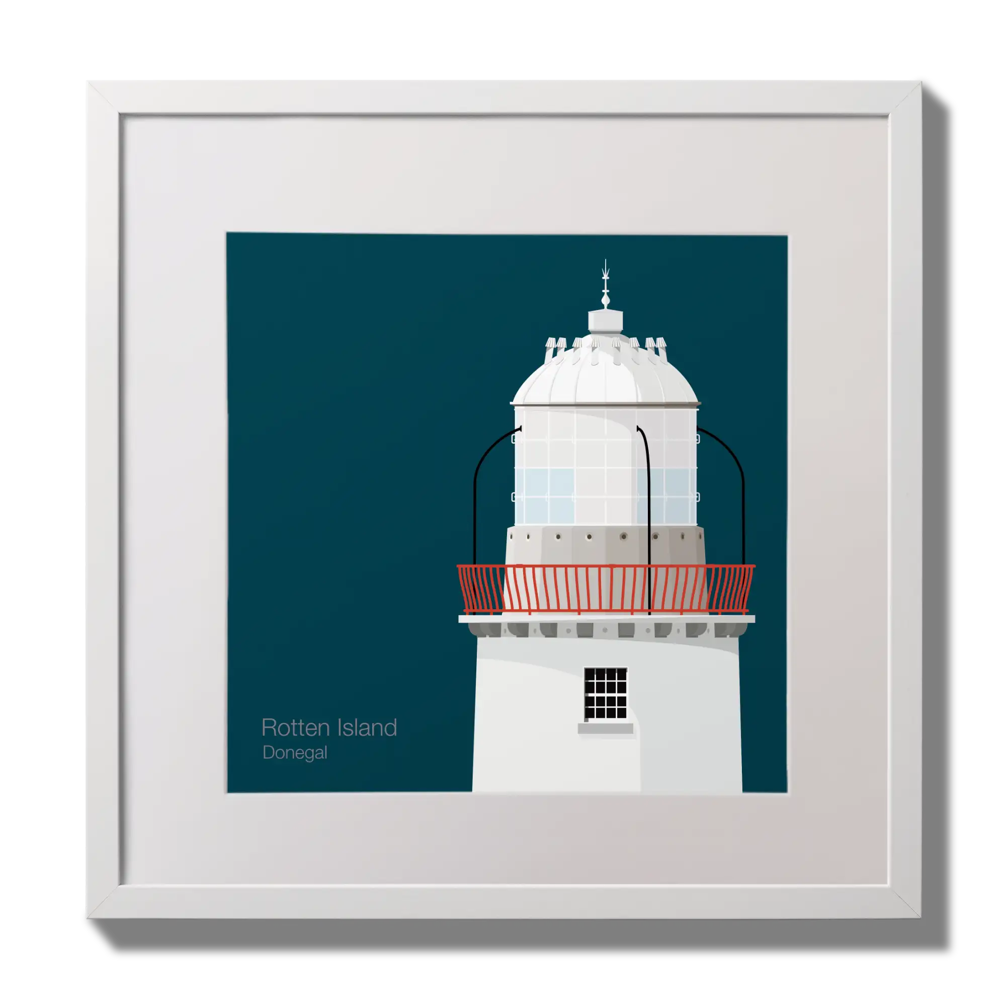 Illustration Rotten Island lighthouse on a midnight blue background,  in a white square frame measuring 30x30cm.
