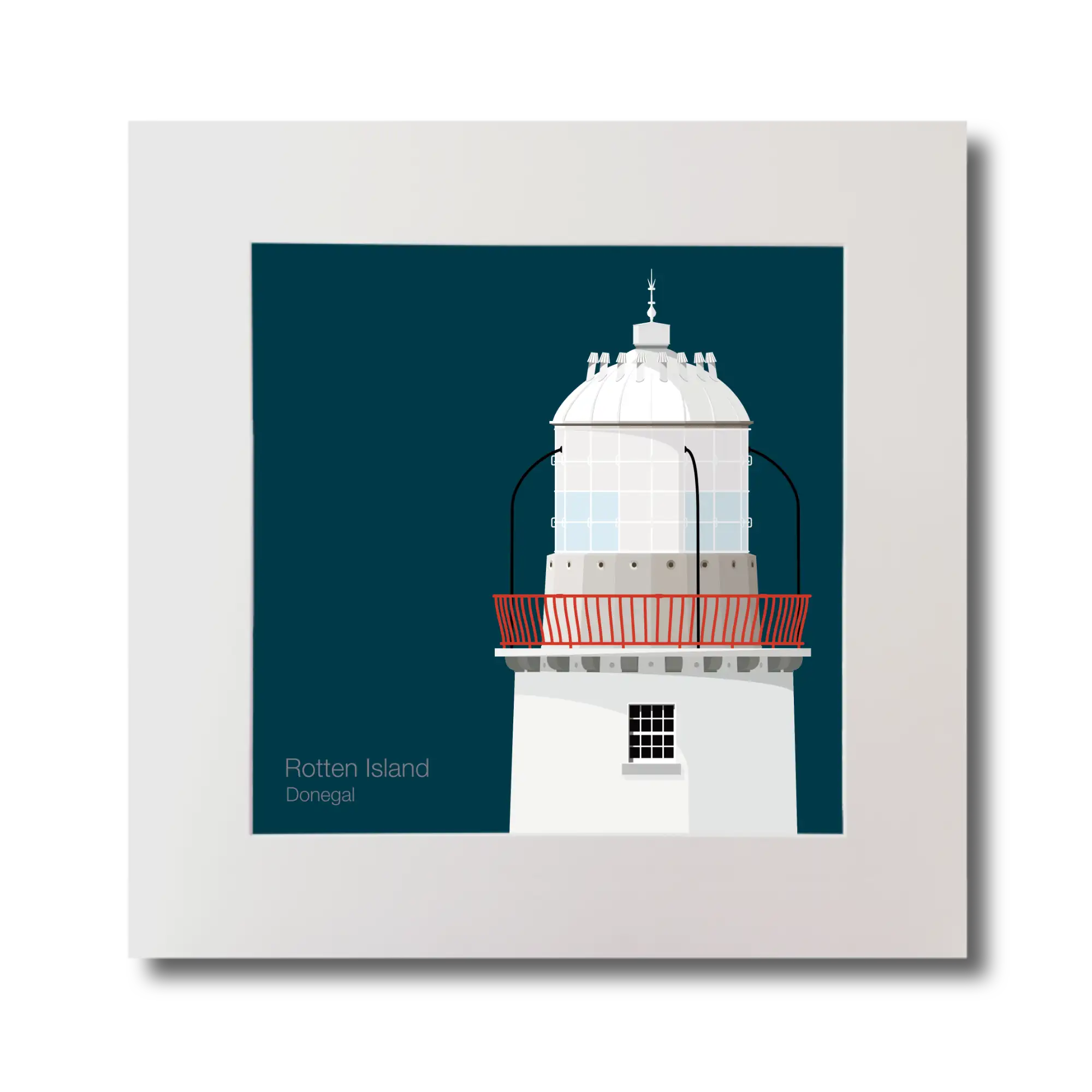 Illustration Rotten Island lighthouse on a midnight blue background, mounted and measuring 30x30cm.