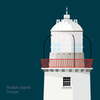 Illustration Rotten Island lighthouse on a midnight blue background