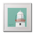 Illustration Rotten Island lighthouse on an ocean green background,  in a white square frame measuring 30x30cm.
