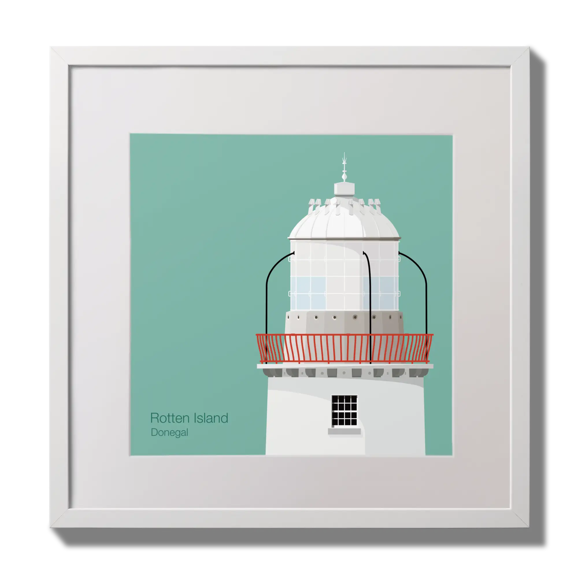Illustration Rotten Island lighthouse on an ocean green background,  in a white square frame measuring 30x30cm.