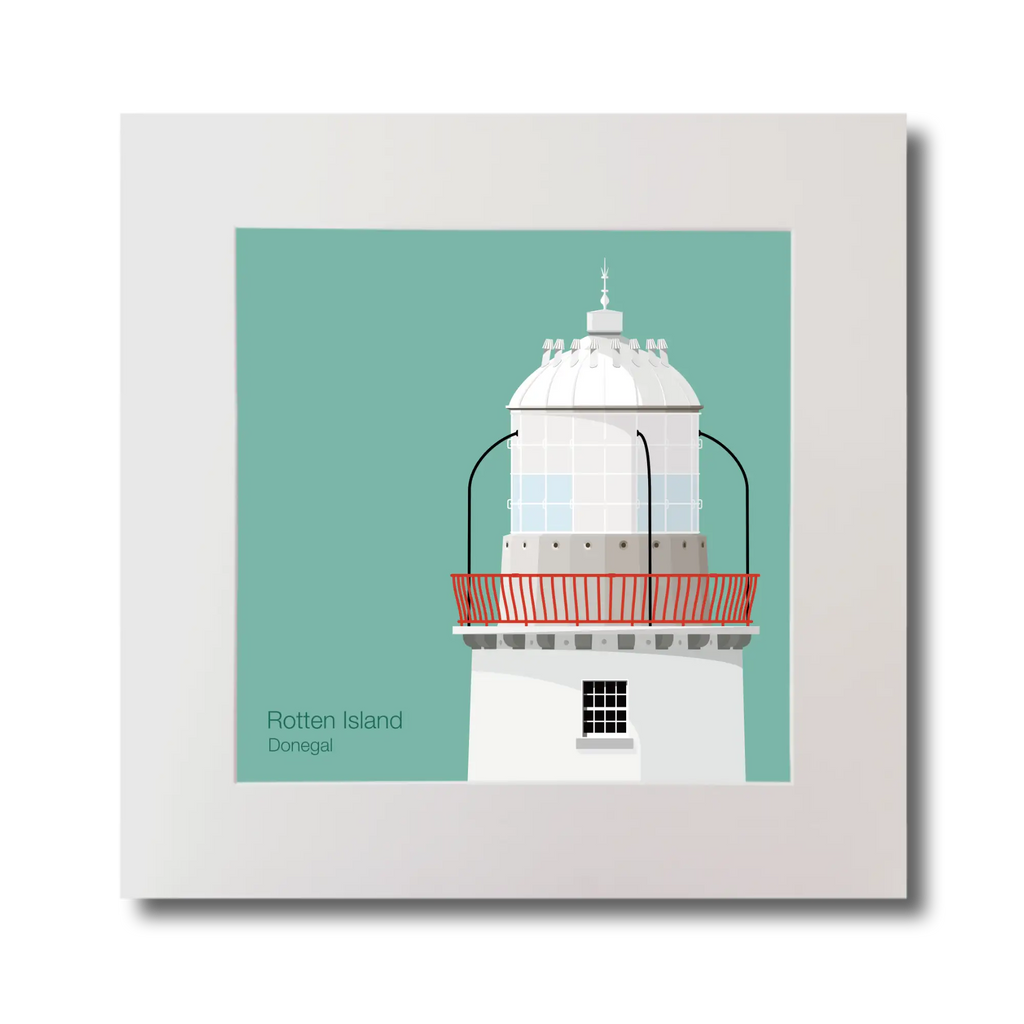 Illustration Rotten Island lighthouse on an ocean green background, mounted and measuring 30x30cm.