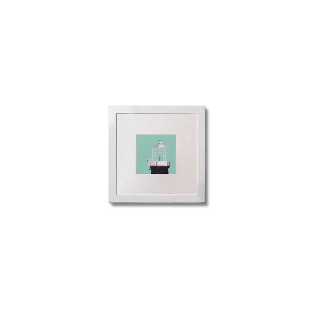 Illustration Mew Island lighthouse on an ocean green background,  in a white square frame measuring 10x10cm.