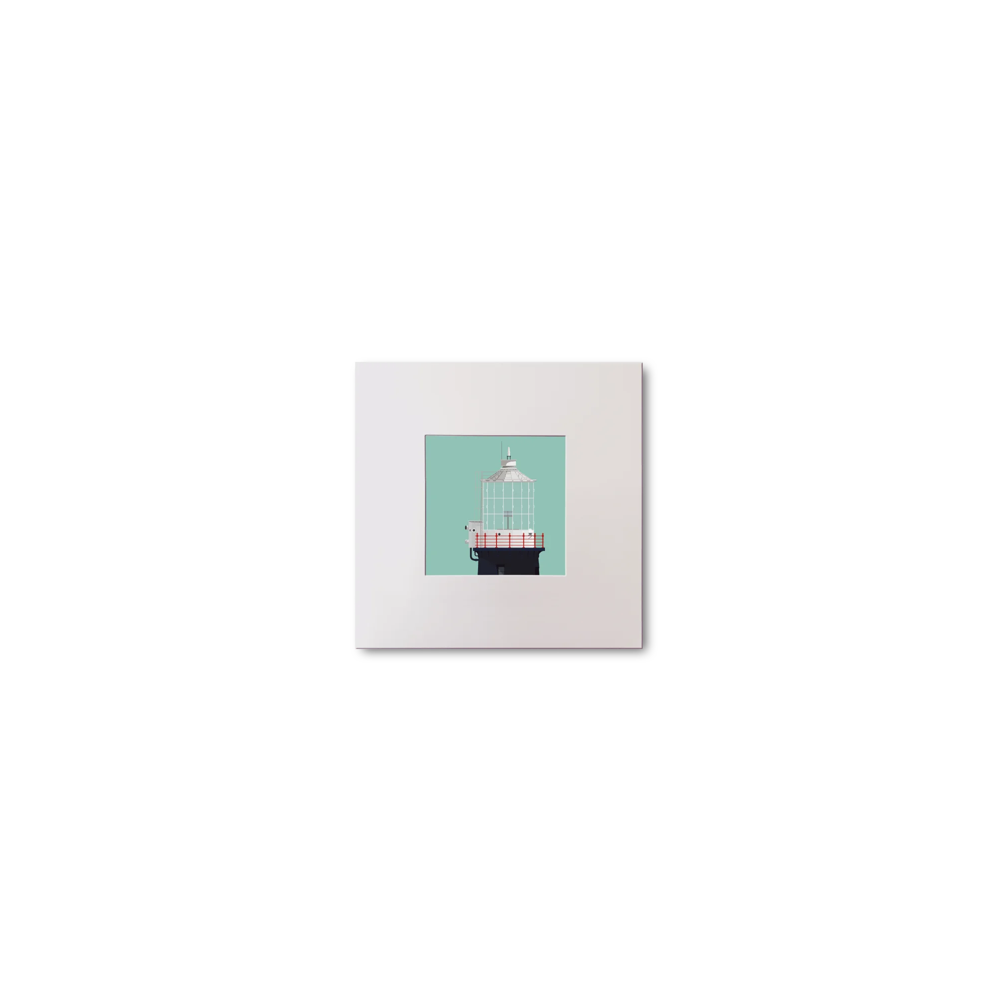 Illustration Mew Island lighthouse on an ocean green background, mounted and measuring 10x10cm.