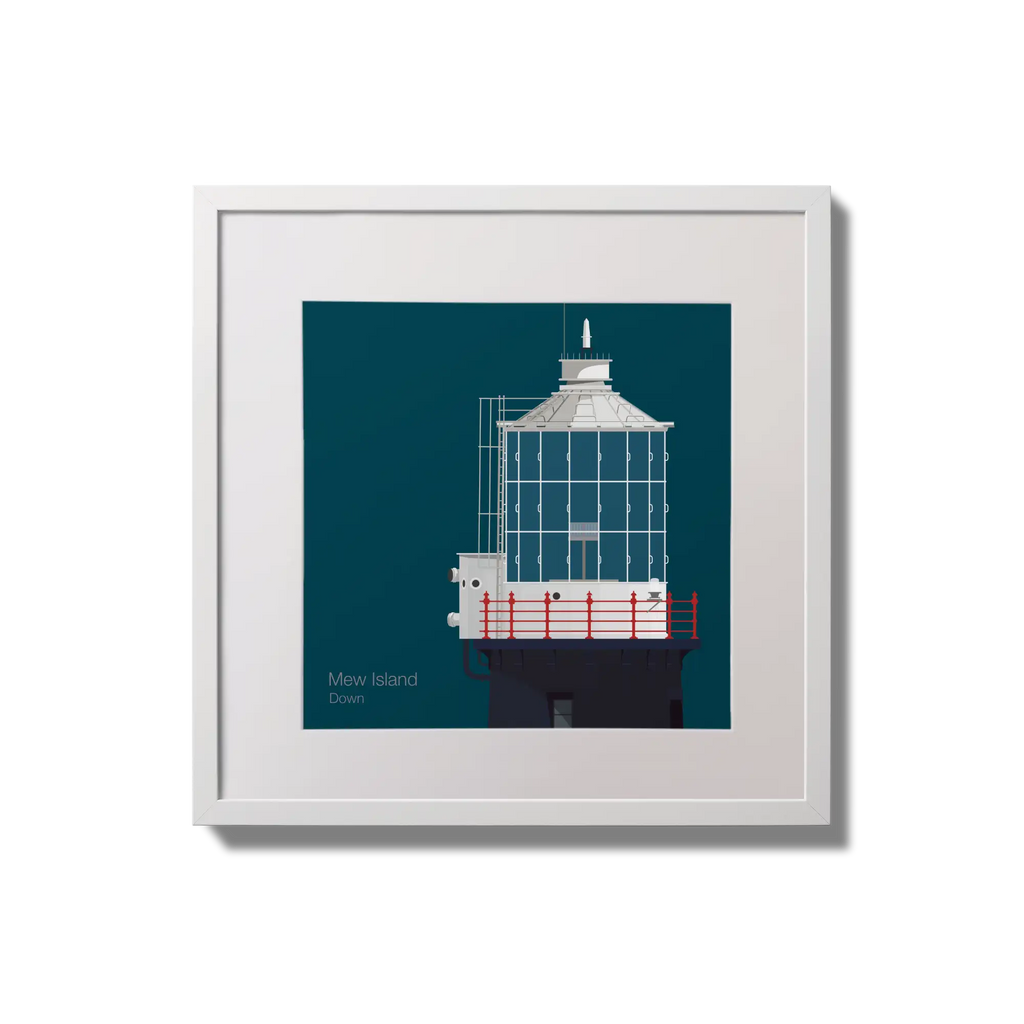 Framed wall art decoration Mew Island lighthouse on a midnight blue background,  in a white square frame measuring 20x20cm.