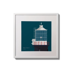 Framed wall art decoration Mew Island lighthouse on a midnight blue background,  in a white square frame measuring 20x20cm.