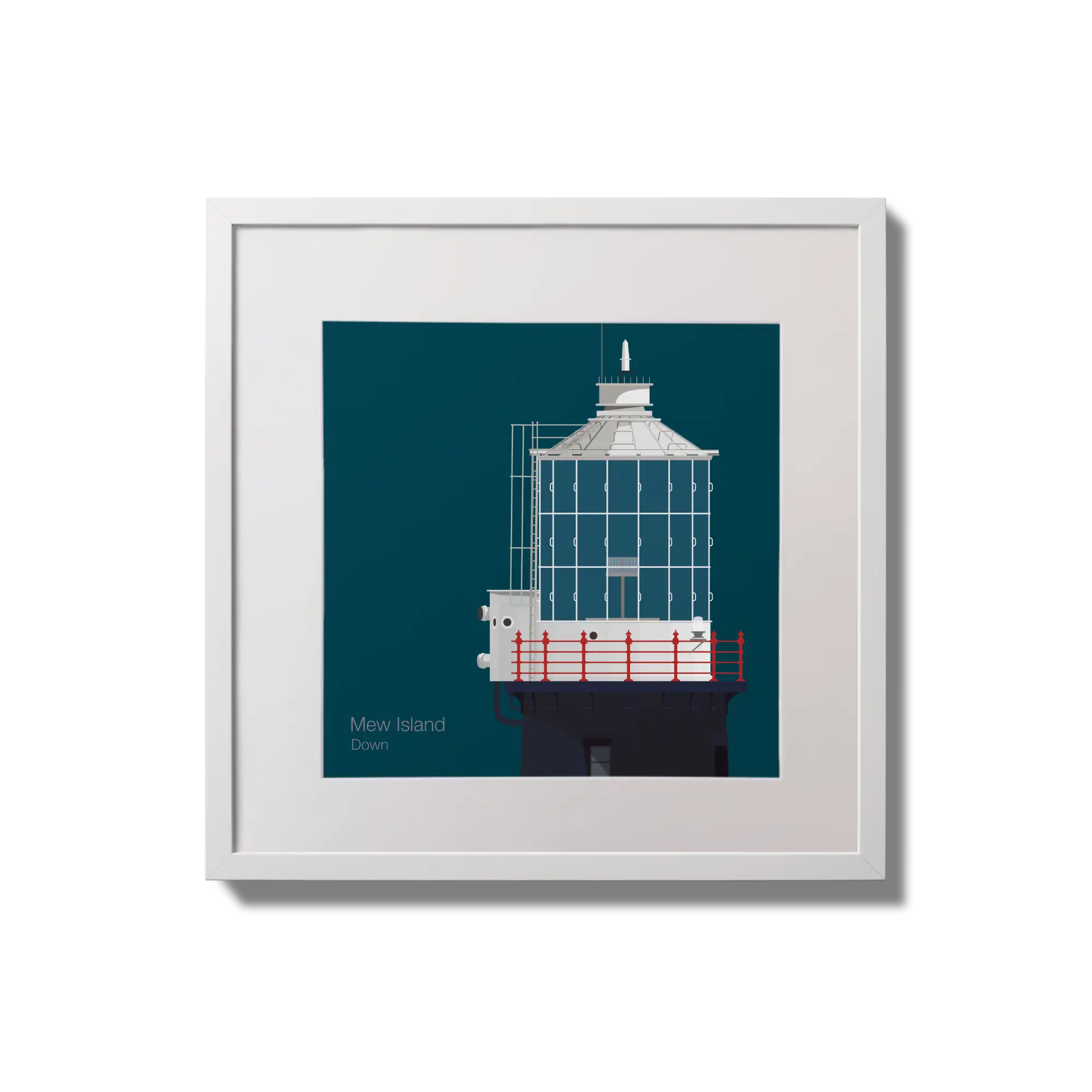 Framed wall art decoration Mew Island lighthouse on a midnight blue background,  in a white square frame measuring 20x20cm.