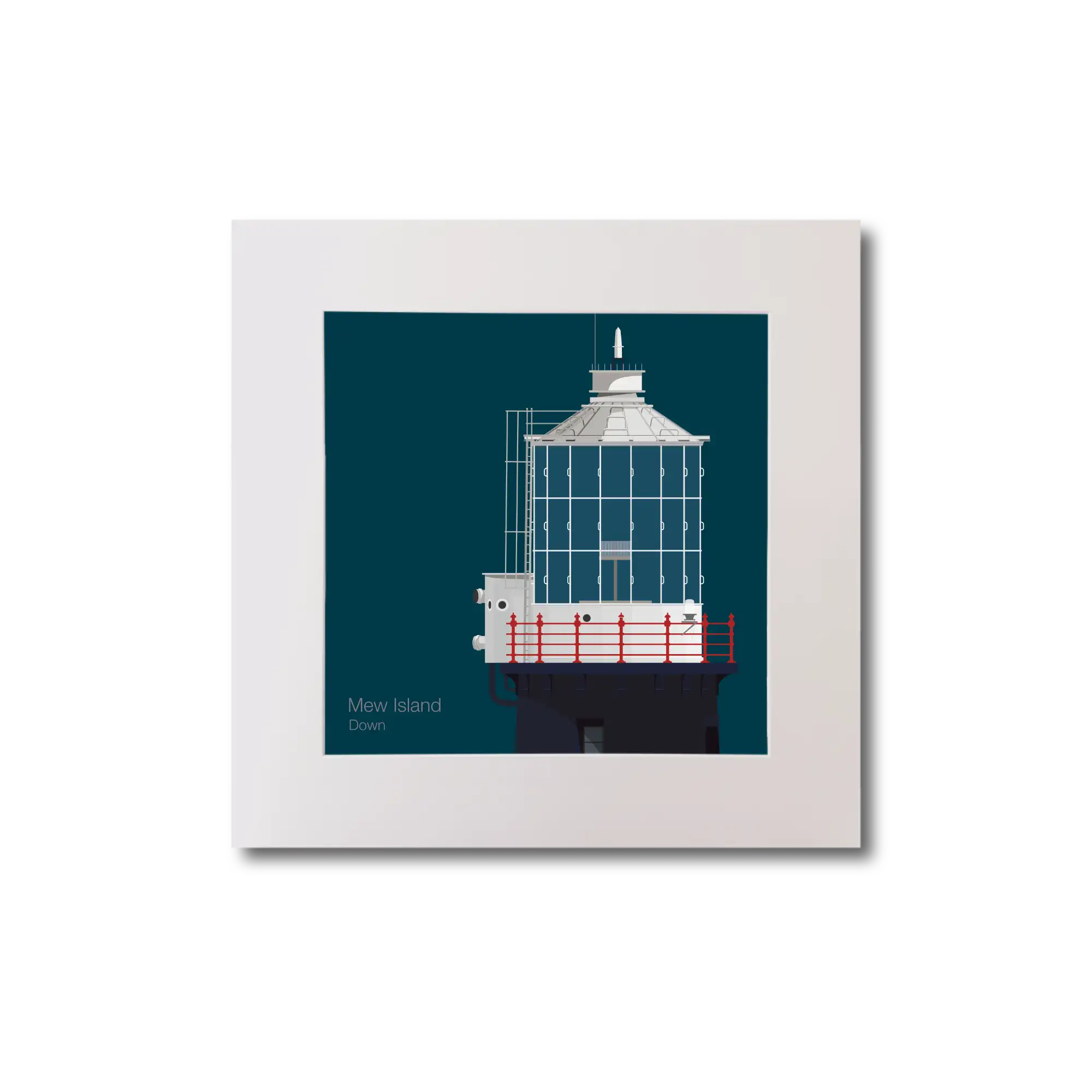 Illustration Mew Island lighthouse on a midnight blue background, mounted and measuring 20x20cm.