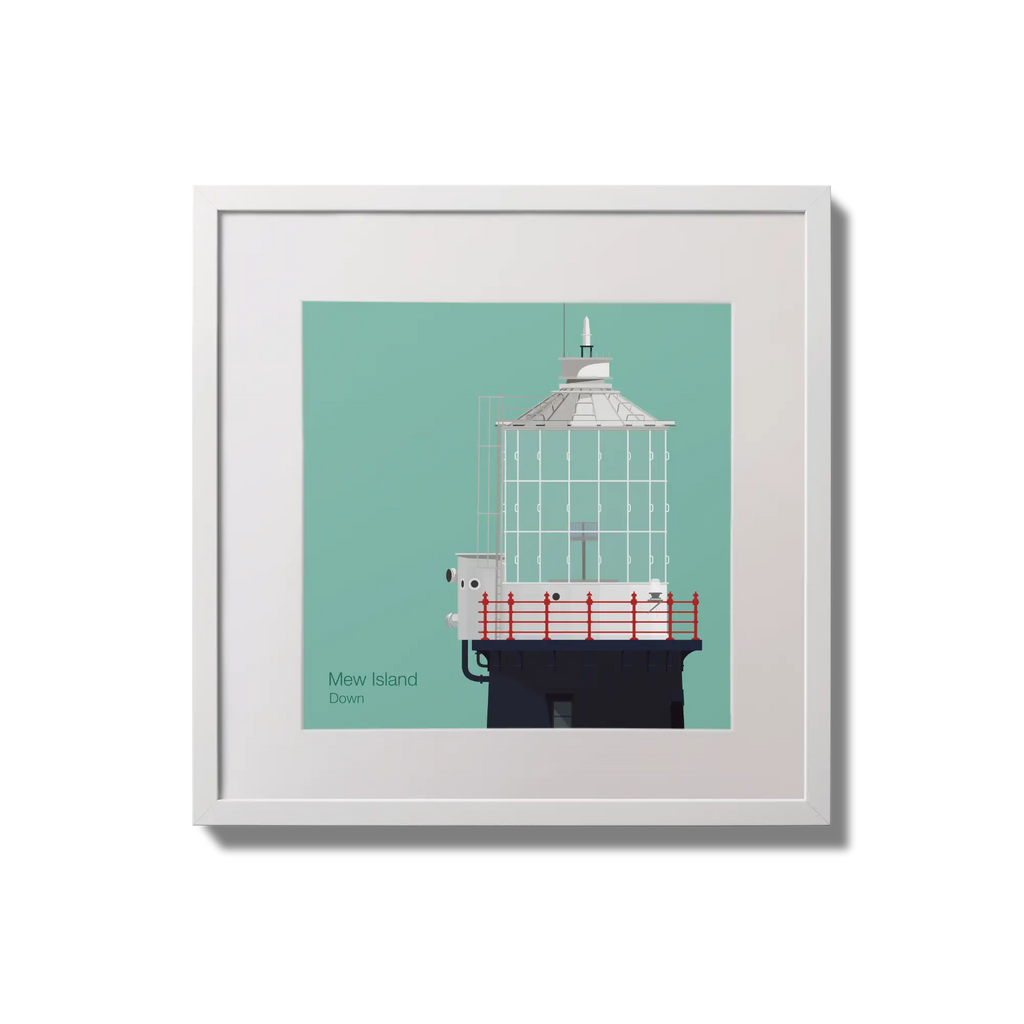 Contemporary wall hanging Mew Island lighthouse on an ocean green background,  in a white square frame measuring 20x20cm.