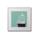Contemporary wall hanging Mew Island lighthouse on an ocean green background,  in a white square frame measuring 20x20cm.