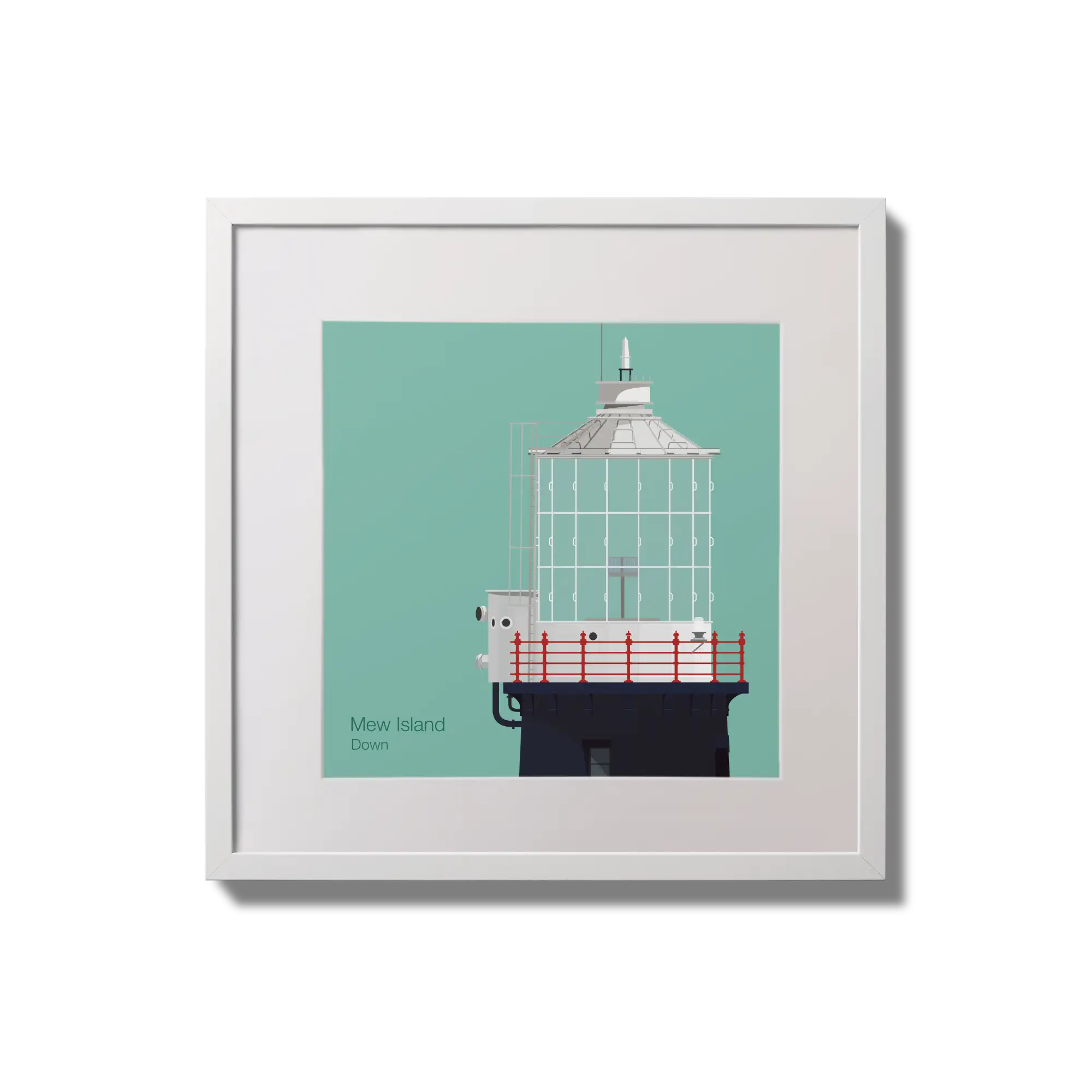 Contemporary wall hanging Mew Island lighthouse on an ocean green background,  in a white square frame measuring 20x20cm.