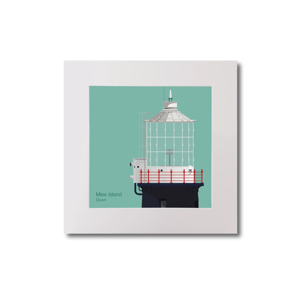 Illustration Mew Island lighthouse on an ocean green background, mounted and measuring 20x20cm.