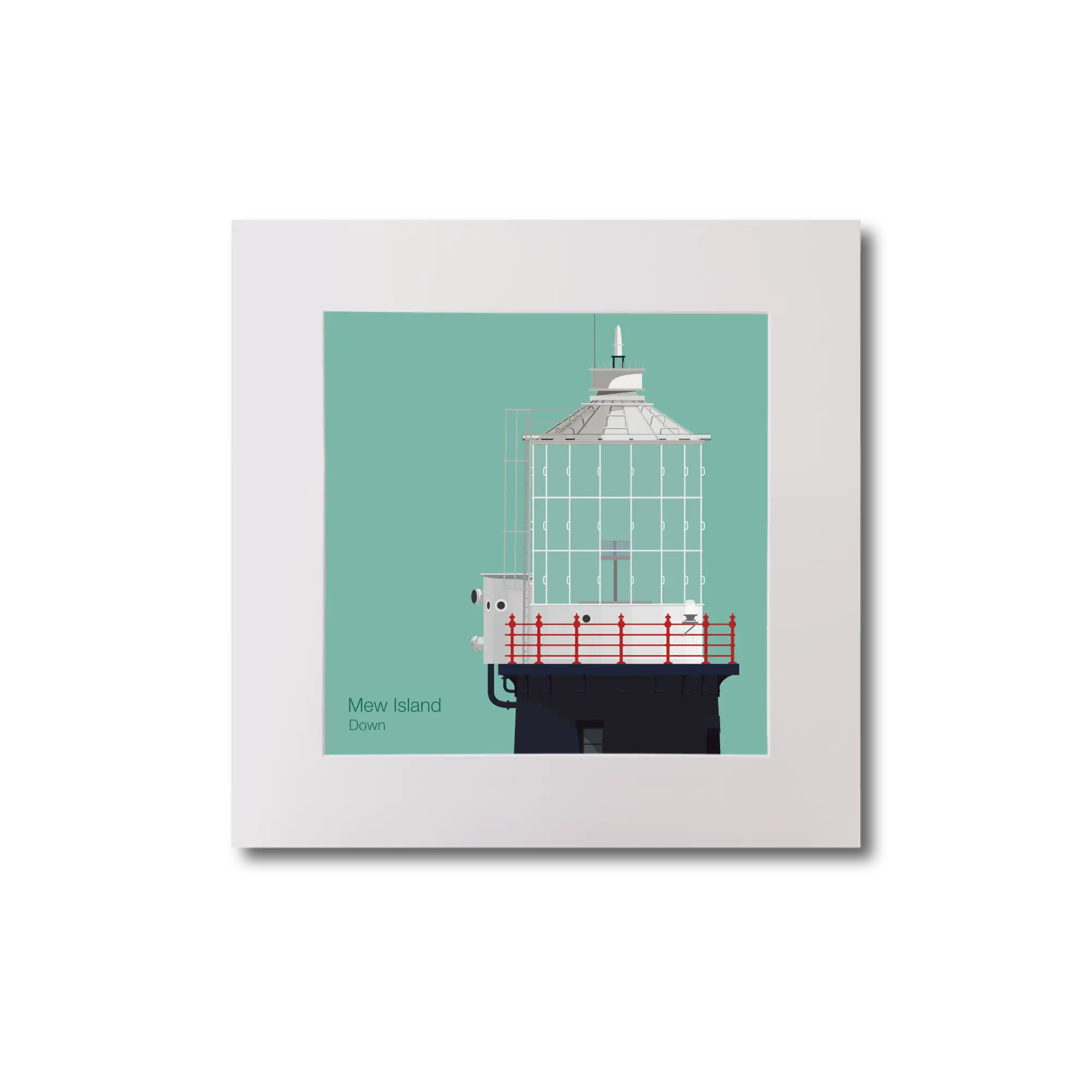 Illustration Mew Island lighthouse on an ocean green background, mounted and measuring 20x20cm.