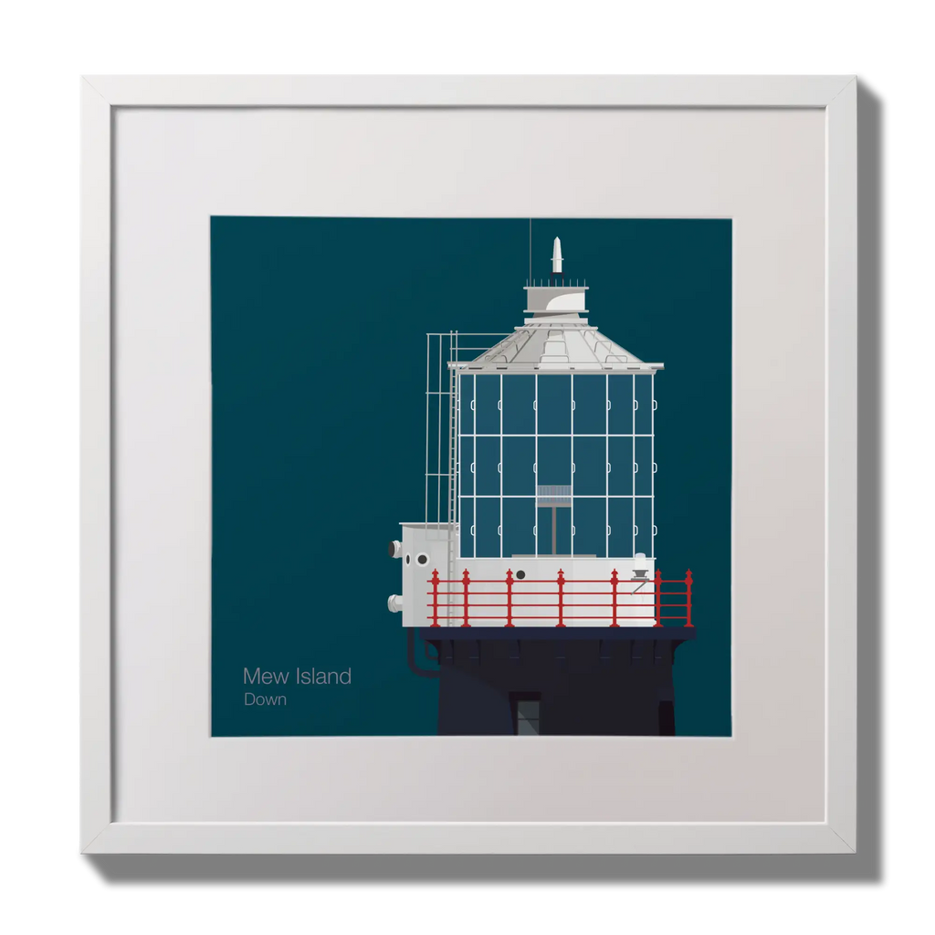 Illustration Mew Island lighthouse on a midnight blue background,  in a white square frame measuring 30x30cm.
