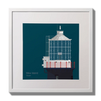 Illustration Mew Island lighthouse on a midnight blue background,  in a white square frame measuring 30x30cm.
