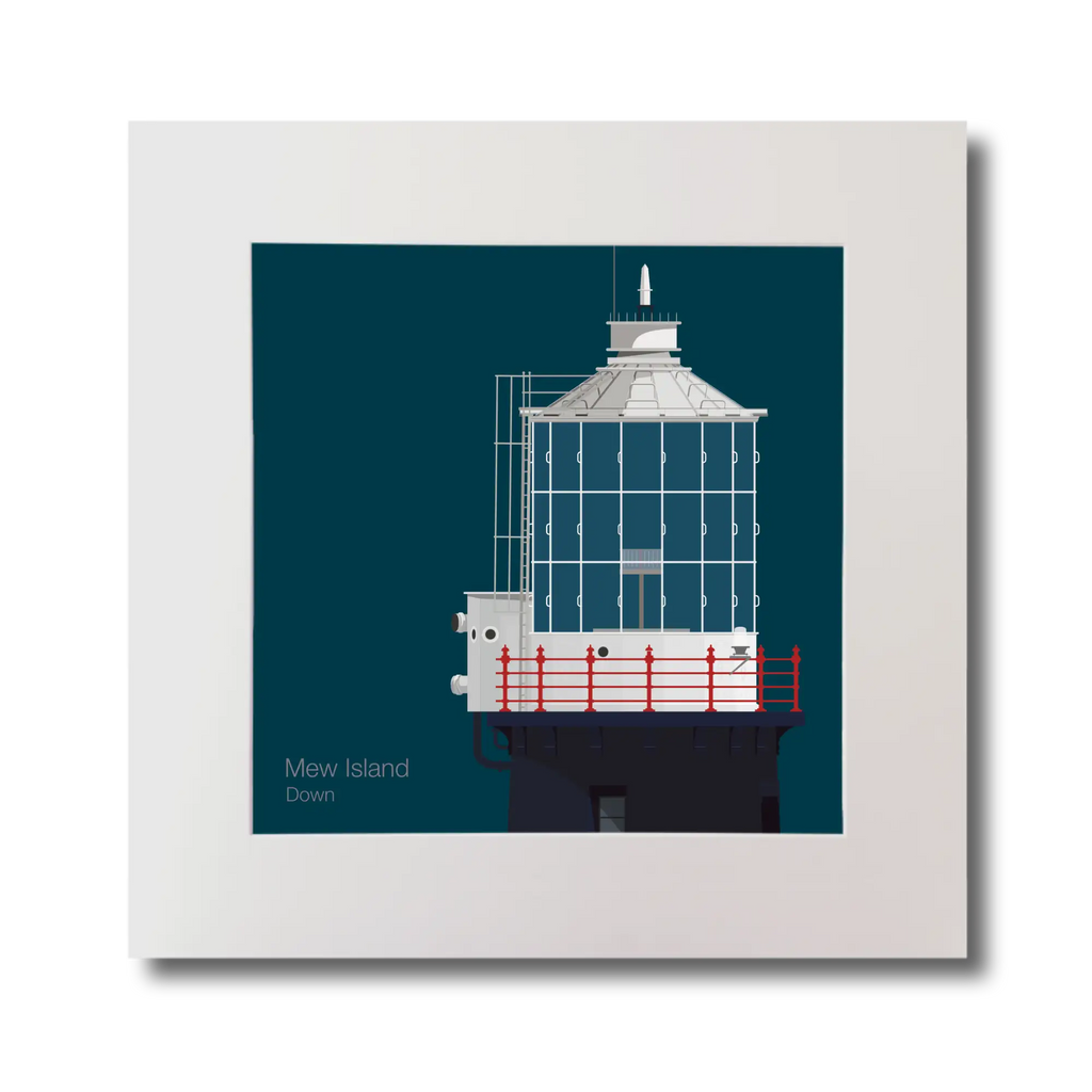 Illustration Mew Island lighthouse on a midnight blue background, mounted and measuring 30x30cm.
