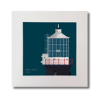 Illustration Mew Island lighthouse on a midnight blue background, mounted and measuring 30x30cm.