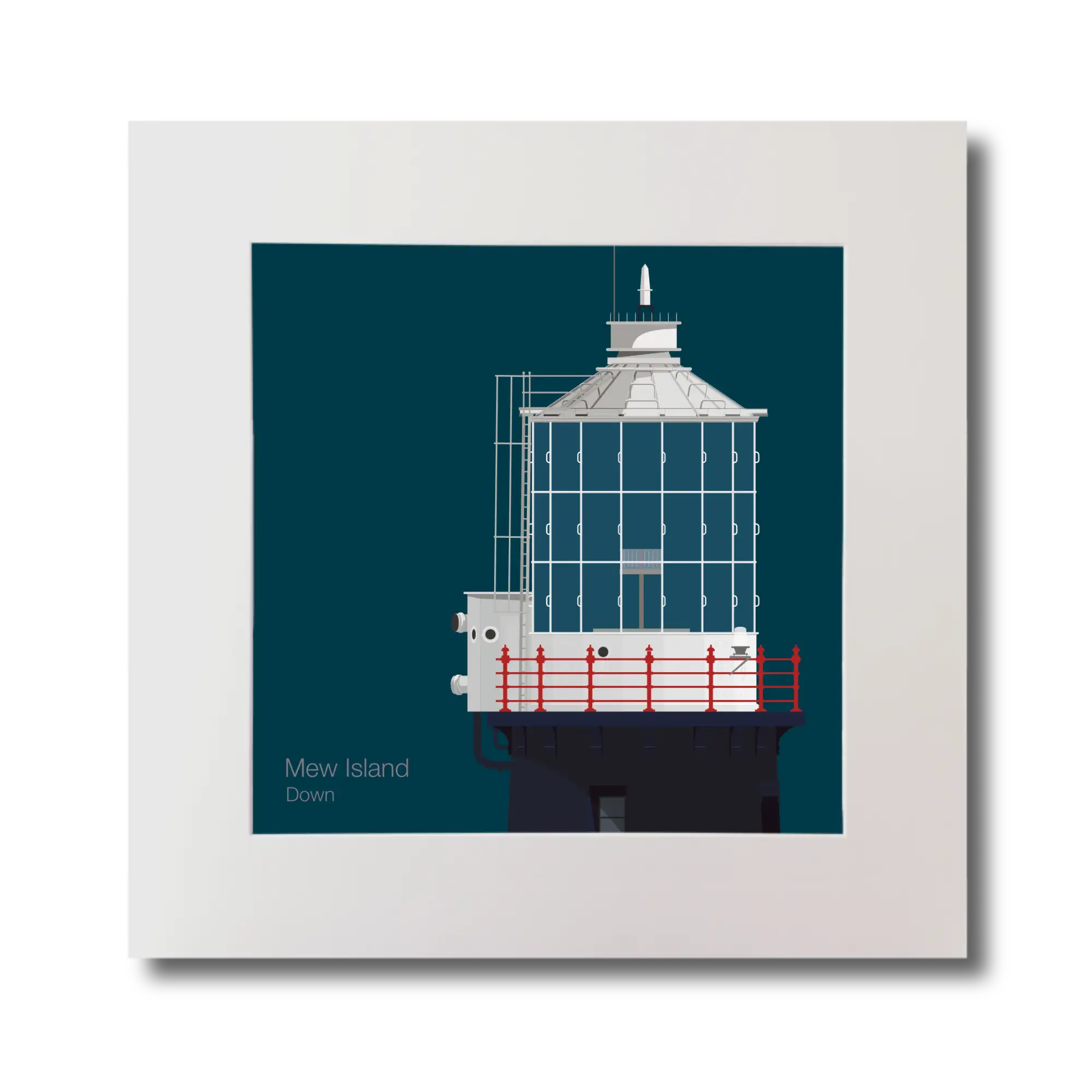 Illustration Mew Island lighthouse on a midnight blue background, mounted and measuring 30x30cm.