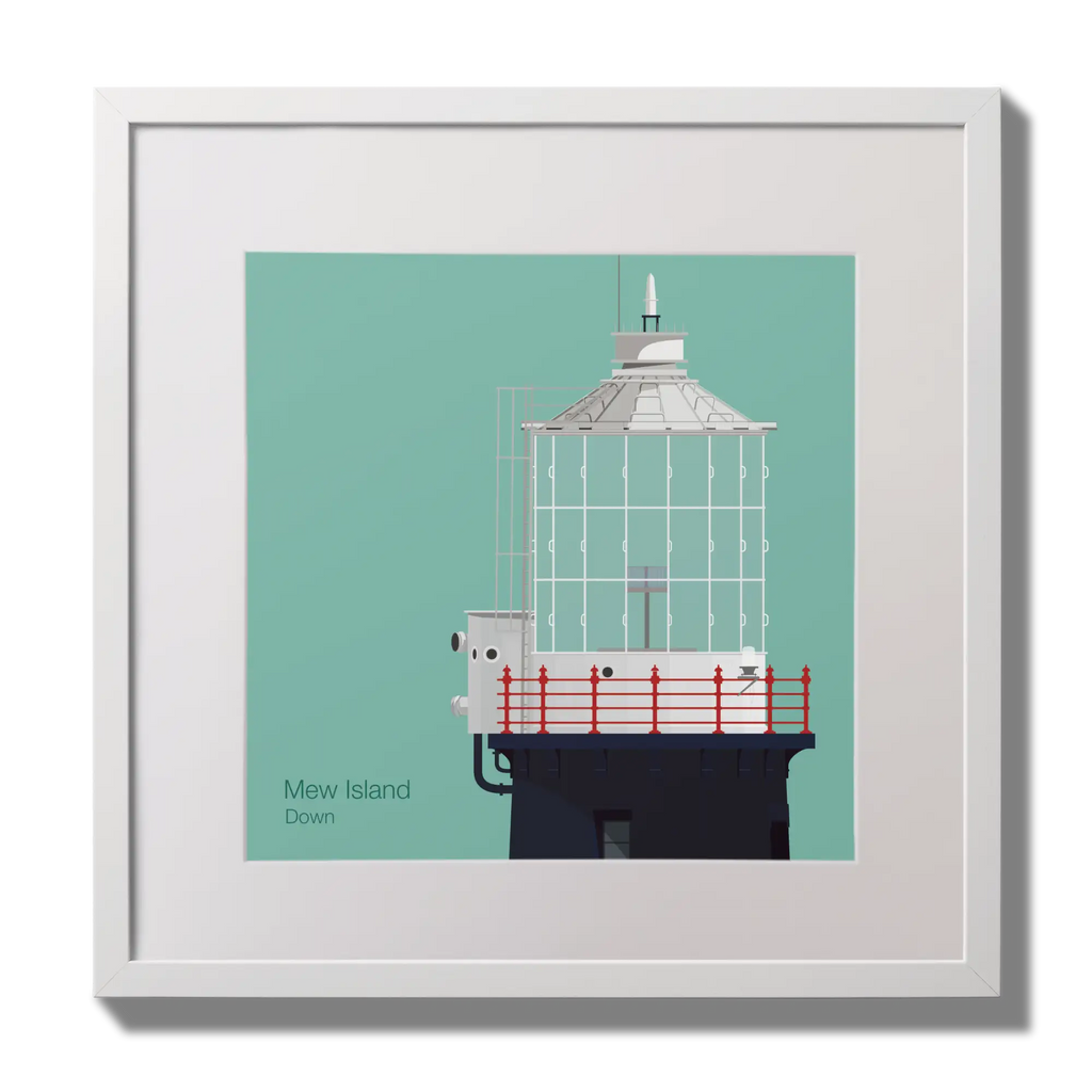 Illustration Mew Island lighthouse on an ocean green background,  in a white square frame measuring 30x30cm.