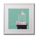 Illustration Mew Island lighthouse on an ocean green background,  in a white square frame measuring 30x30cm.