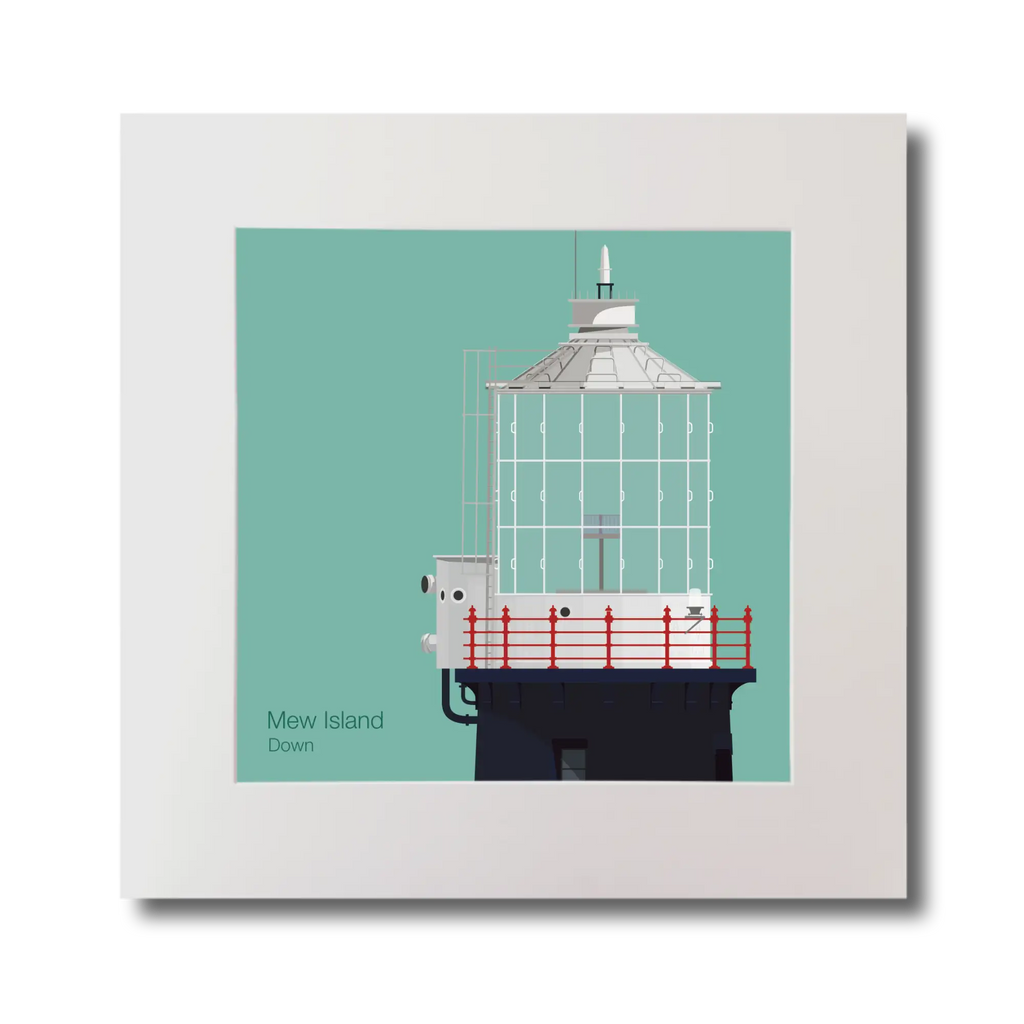 Illustration Mew Island lighthouse on an ocean green background, mounted and measuring 30x30cm.