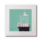 Illustration Mew Island lighthouse on an ocean green background, mounted and measuring 30x30cm.