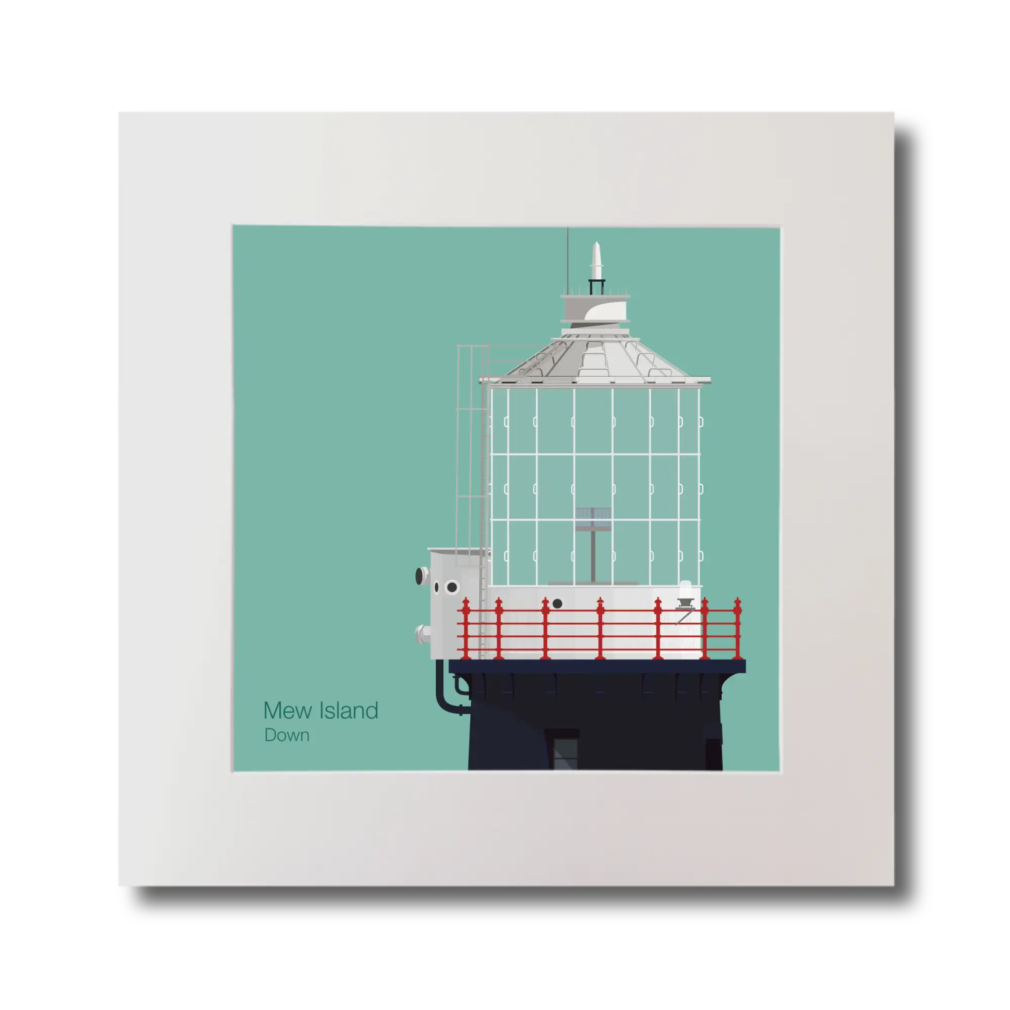 Illustration Mew Island lighthouse on an ocean green background, mounted and measuring 30x30cm.