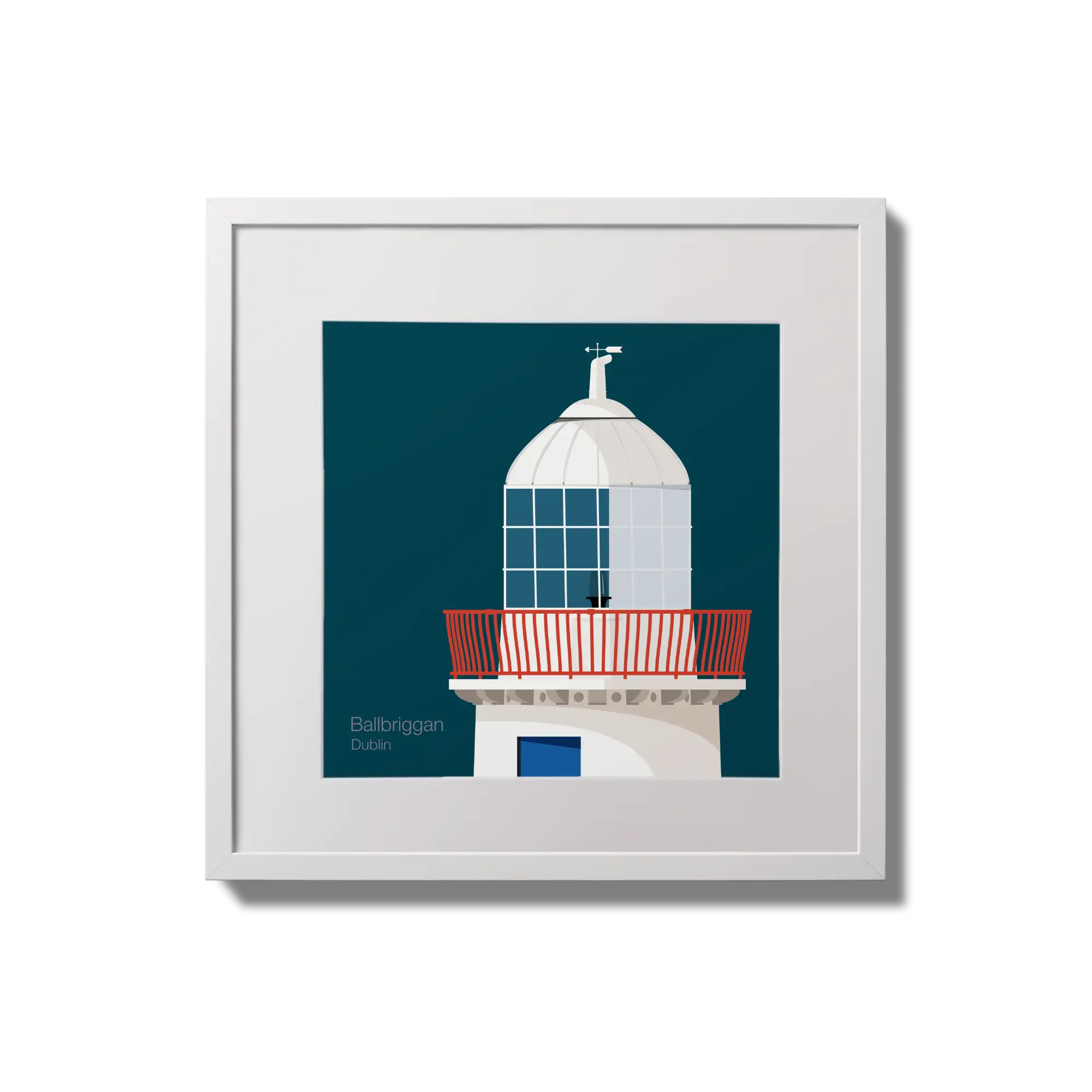 Framed wall art decoration Ballbriggan lighthouse on a midnight blue background,  in a white square frame measuring 20x20cm.