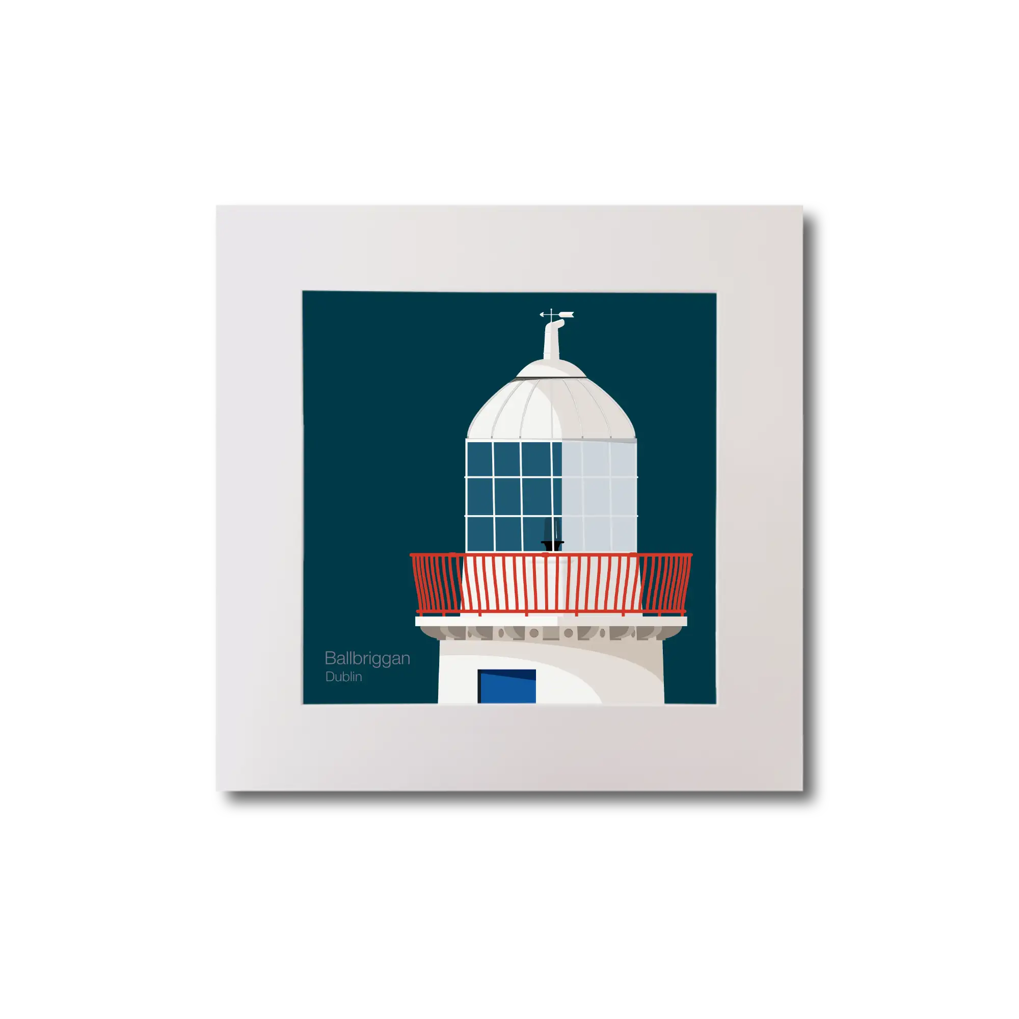 Illustration Ballbriggan lighthouse on a midnight blue background, mounted and measuring 20x20cm.