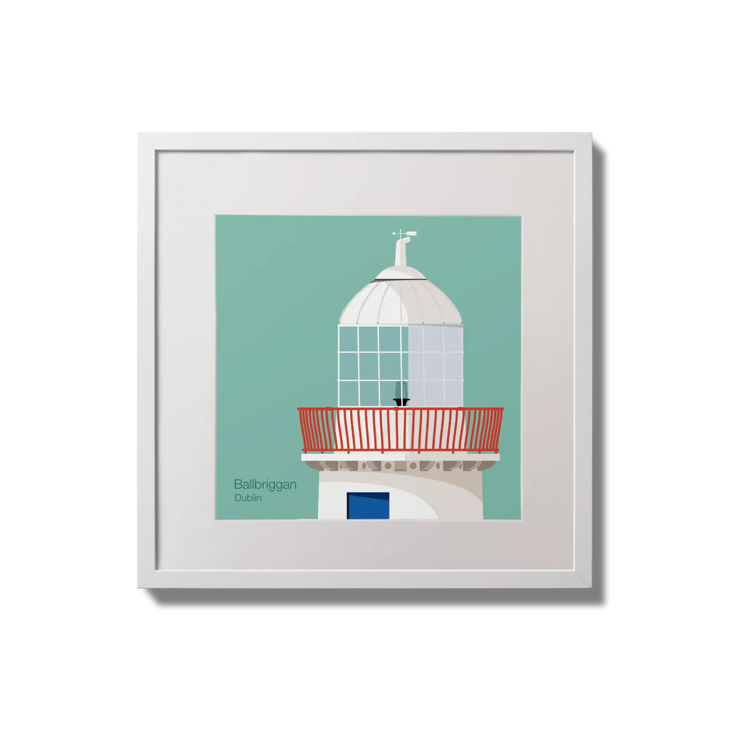 Contemporary wall hanging Ballbriggan lighthouse on an ocean green background,  in a white square frame measuring 20x20cm.