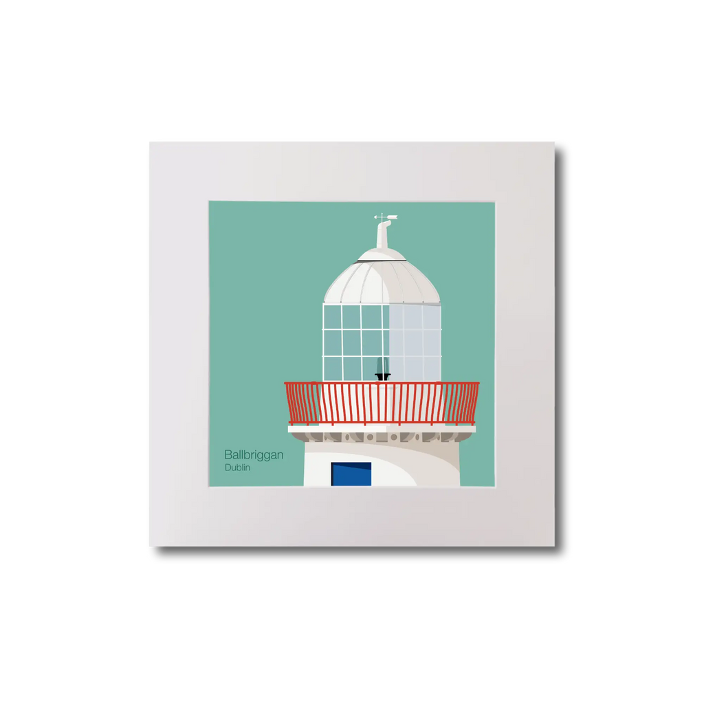 Illustration Ballbriggan lighthouse on an ocean green background, mounted and measuring 20x20cm.