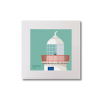Illustration Ballbriggan lighthouse on an ocean green background, mounted and measuring 20x20cm.