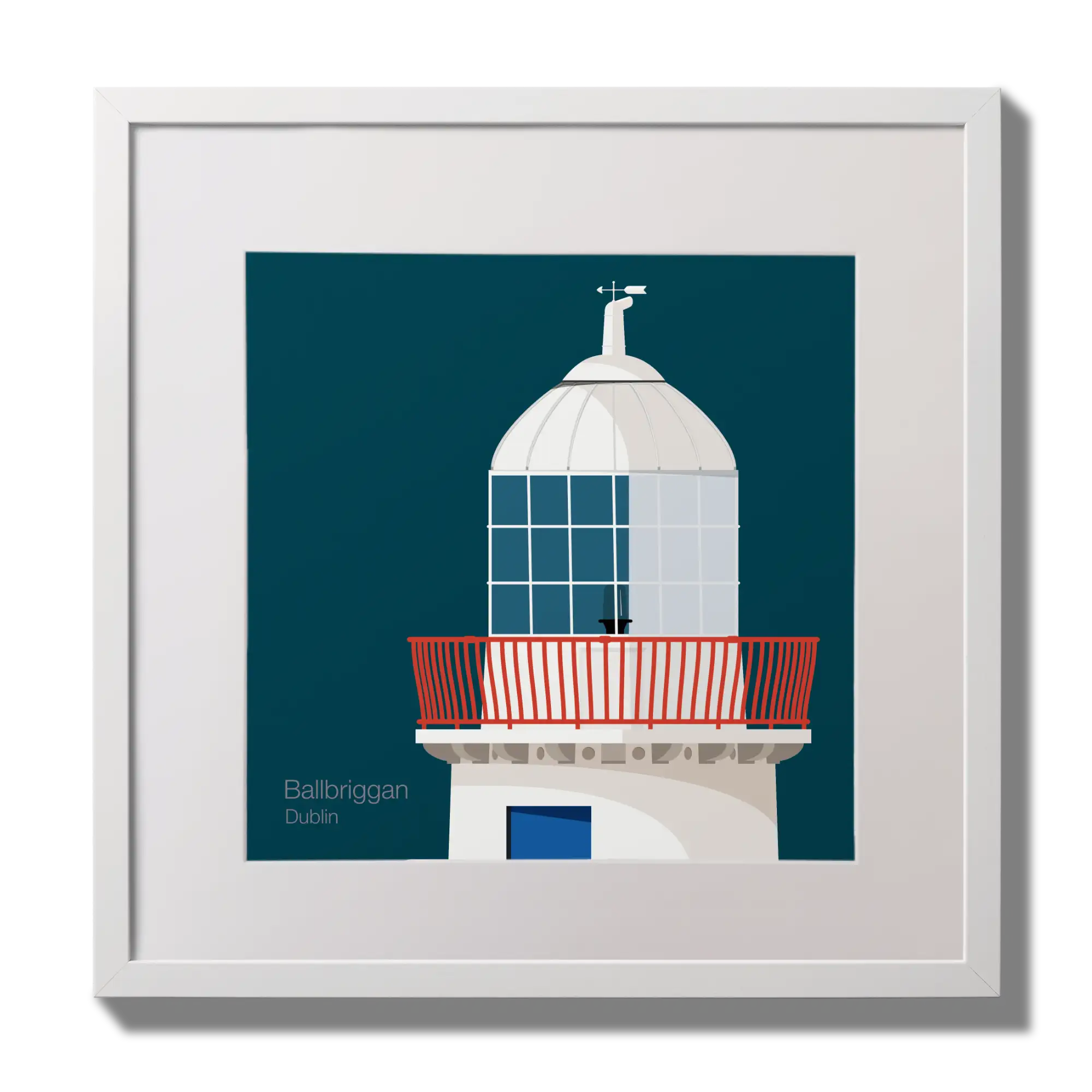 Illustration Ballbriggan lighthouse on a midnight blue background,  in a white square frame measuring 30x30cm.
