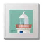 Illustration Ballbriggan lighthouse on an ocean green background,  in a white square frame measuring 30x30cm.