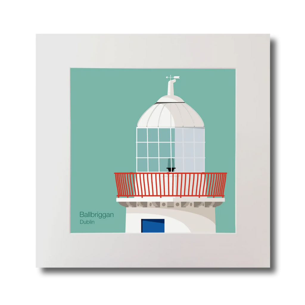 Illustration Ballbriggan lighthouse on an ocean green background, mounted and measuring 30x30cm.