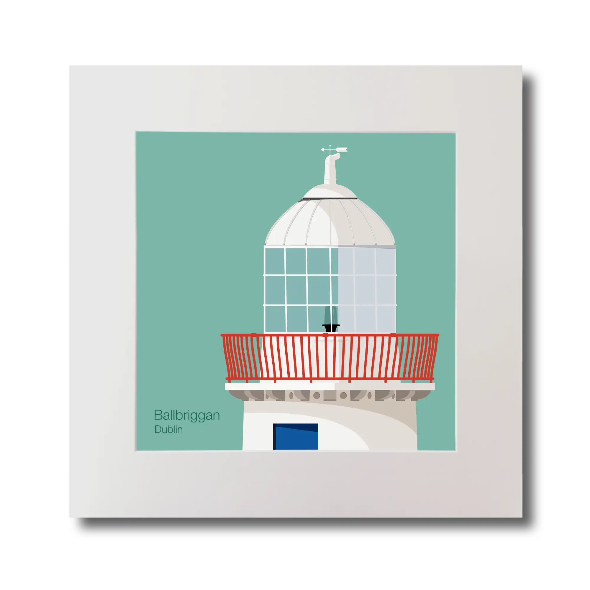Illustration Ballbriggan lighthouse on an ocean green background, mounted and measuring 30x30cm.