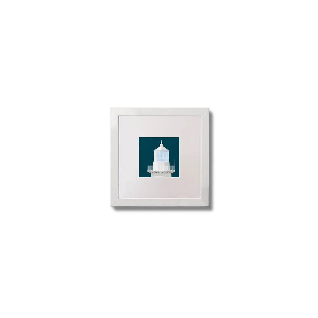 Contemporary wall art Eeragh lighthouse on a midnight blue background,  in a white square frame measuring 10x10cm.