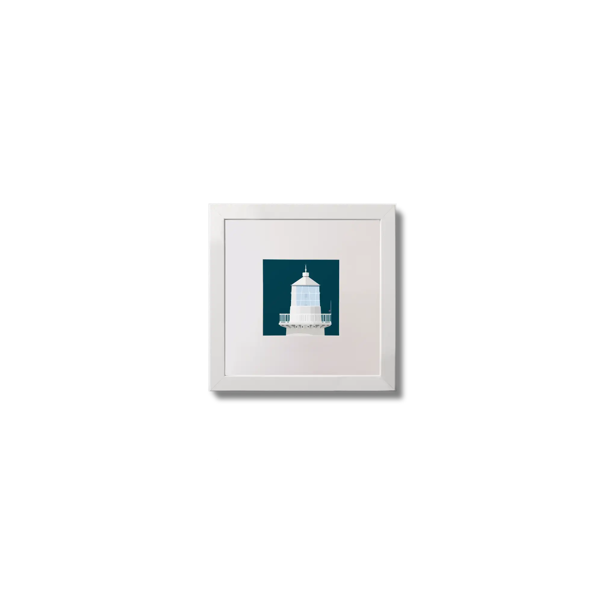 Contemporary wall art Eeragh lighthouse on a midnight blue background,  in a white square frame measuring 10x10cm.