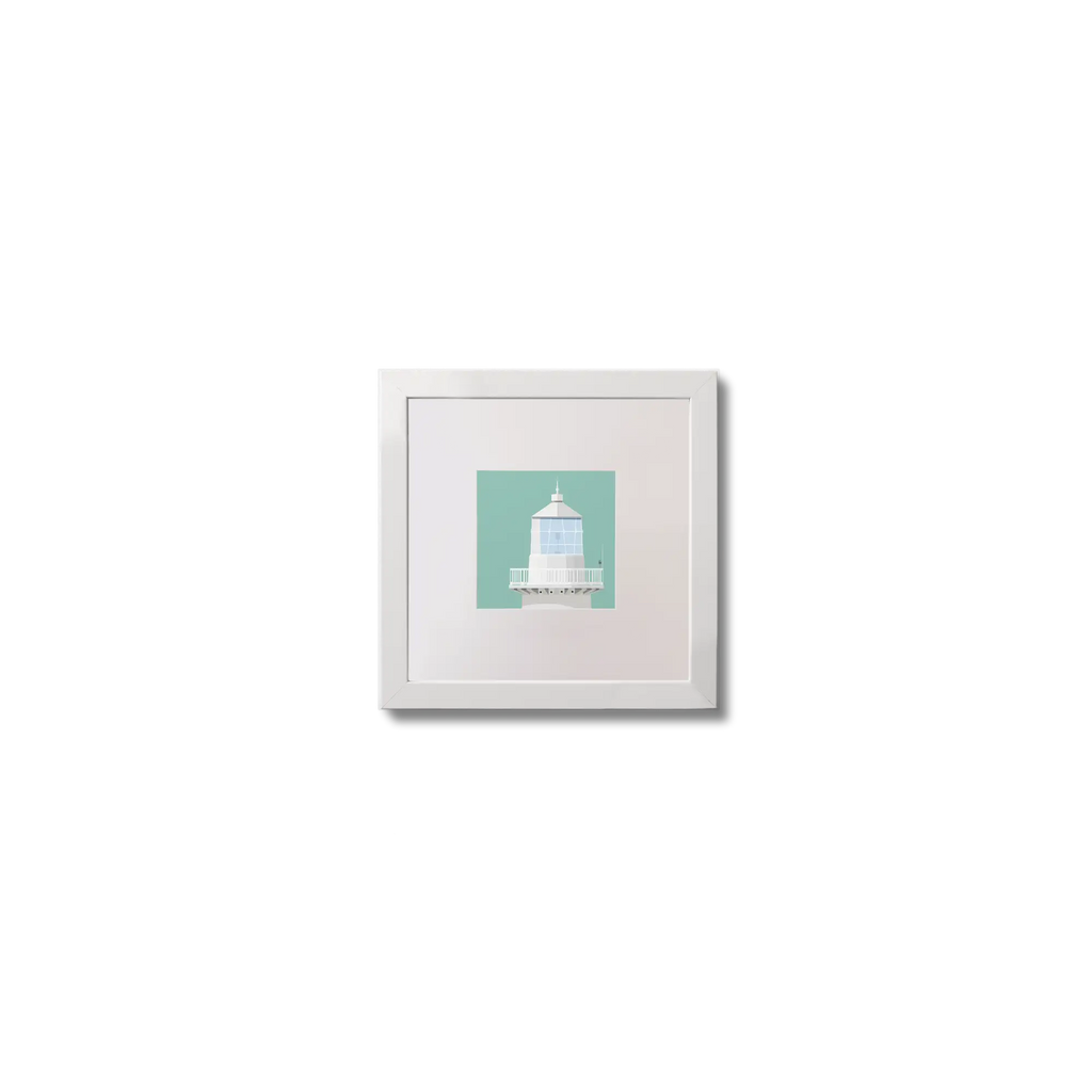Illustration Eeragh lighthouse on an ocean green background,  in a white square frame measuring 10x10cm.
