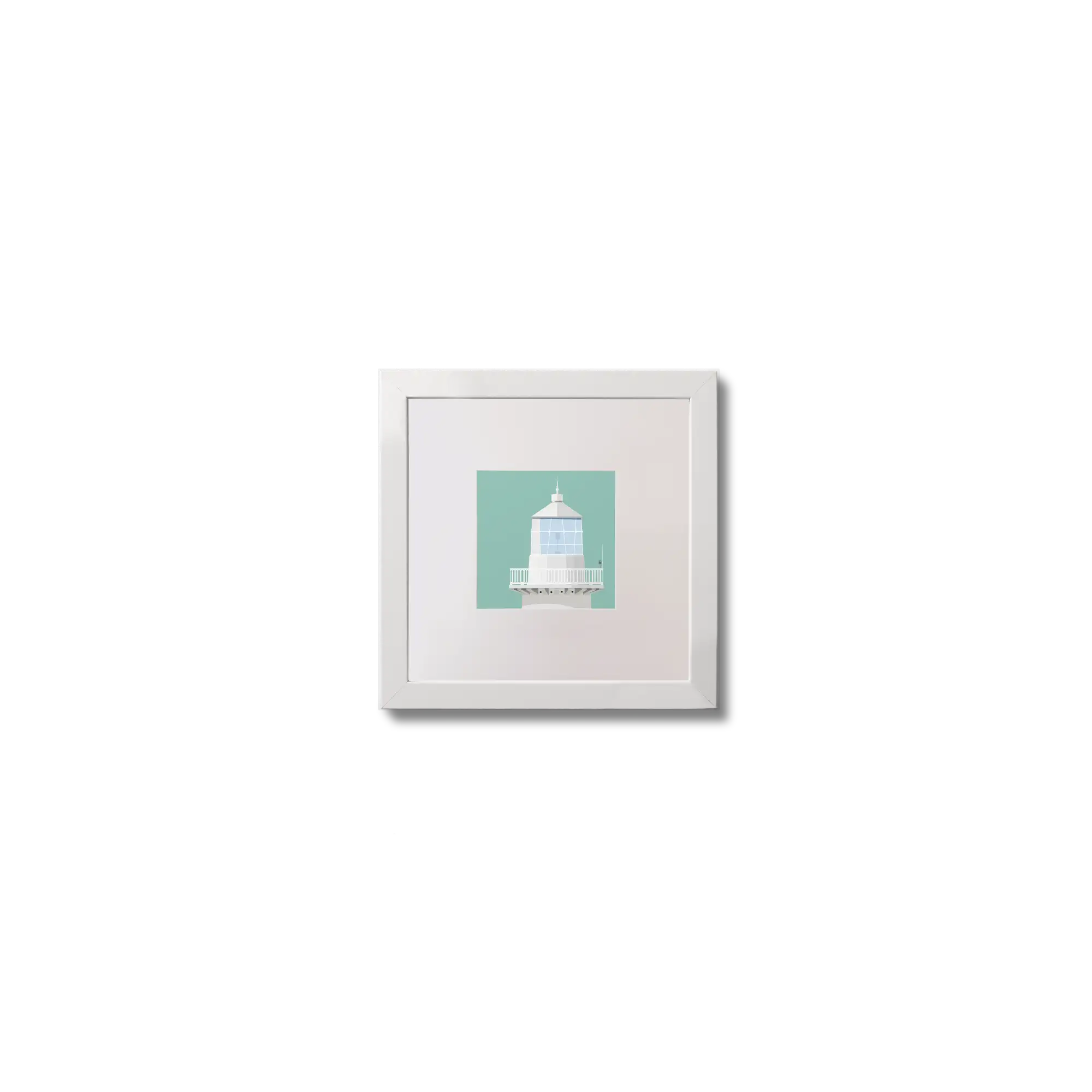 Illustration Eeragh lighthouse on an ocean green background,  in a white square frame measuring 10x10cm.