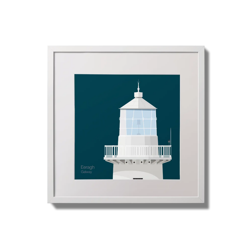 Framed wall art decoration Eeragh lighthouse on a midnight blue background,  in a white square frame measuring 20x20cm.