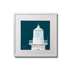 Framed wall art decoration Eeragh lighthouse on a midnight blue background,  in a white square frame measuring 20x20cm.
