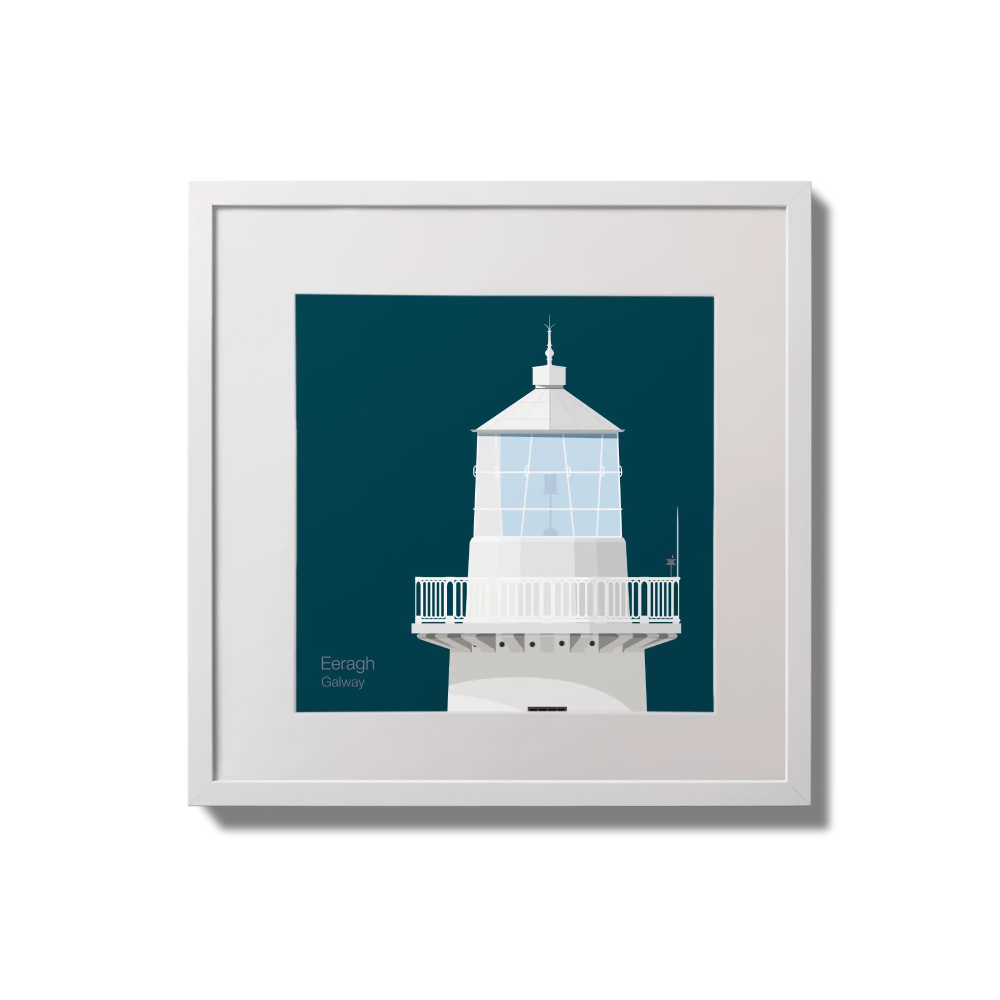 Framed wall art decoration Eeragh lighthouse on a midnight blue background,  in a white square frame measuring 20x20cm.